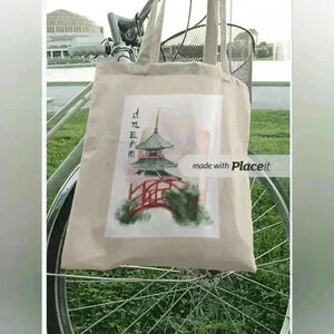 Mahjong inspired print of a bridge and tower recycled canvas tote bag